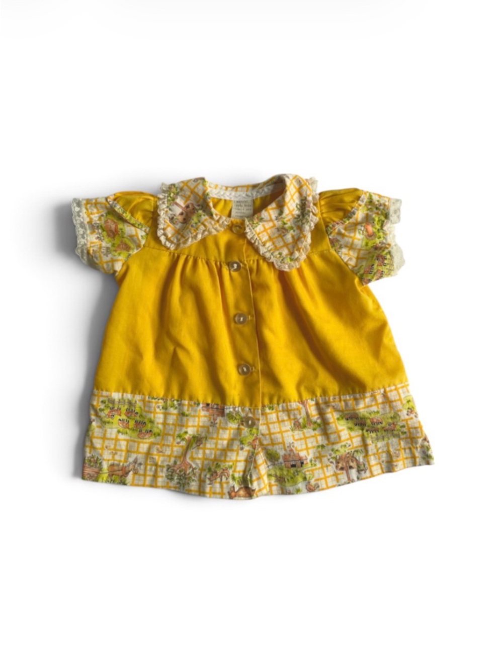 VINTAGE 70s 80s Dress Farm Print Baby Sheep Cottagecore Yellow